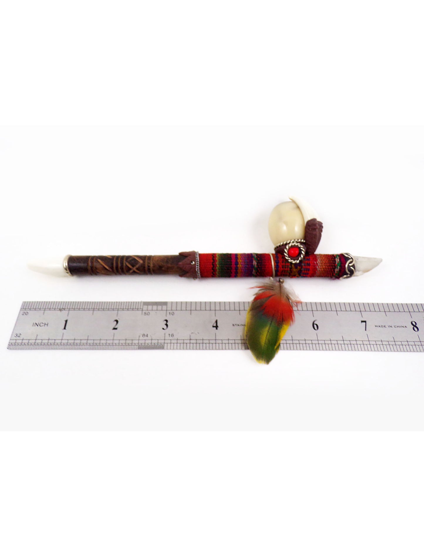 Unique Handmade Amazon Tobacco pipe with Carved wood tip Textile Tagua seed Feather and fangs