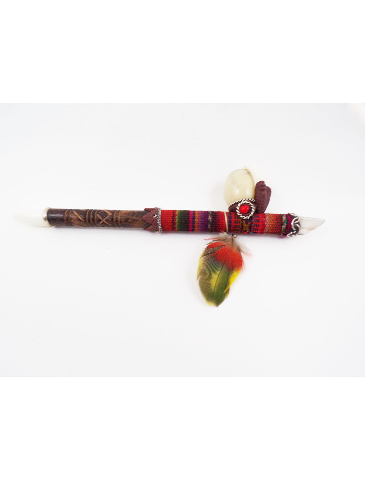 Unique Handmade Amazon Tobacco pipe with Carved wood tip Textile Tagua seed Feather and fangs