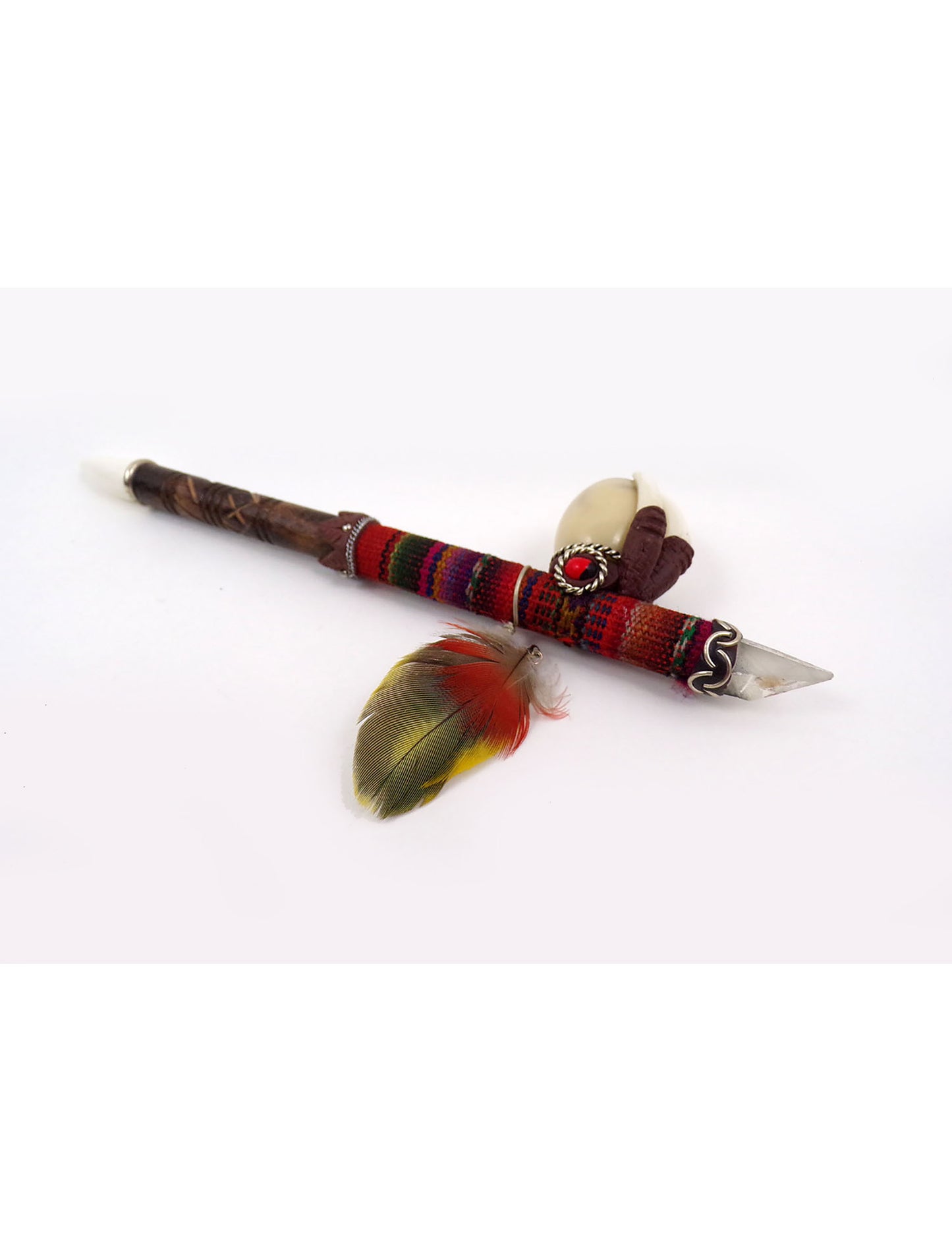 Unique Handmade Amazon Tobacco pipe with Carved wood tip Textile Tagua seed Feather and fangs