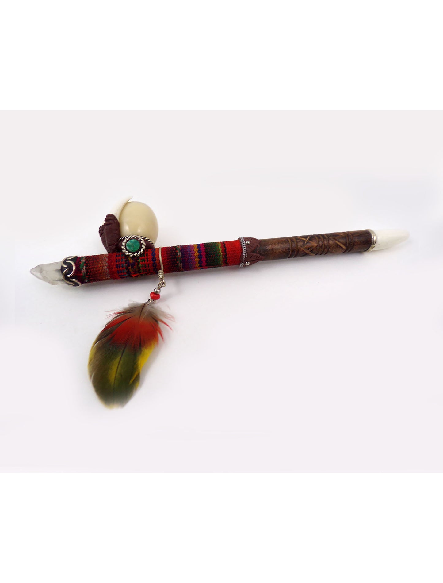 Unique Handmade Amazon Tobacco pipe with Carved wood tip Textile Tagua seed Feather and fangs