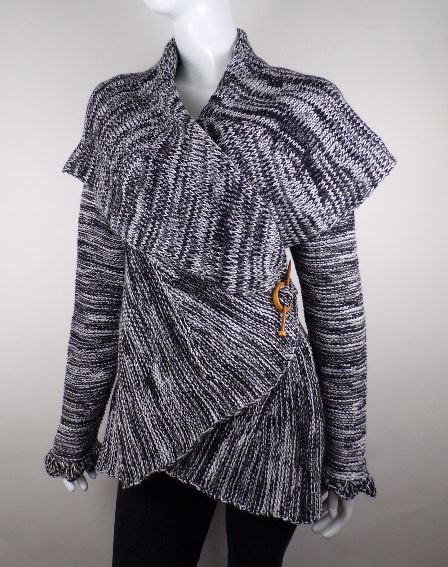 Unique Handmade Cardigan Natural Alpaca color Black Gray and white threads LINES Wool Hooded Coat Tailored Cardigan Knitted Open Hoodie