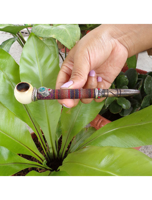 Unique Handmade Amazon Tobacco pipe with Carved wood tip / Textile and Decorative silver / Tagua Seed bowl / Vegetable Ivory bowl