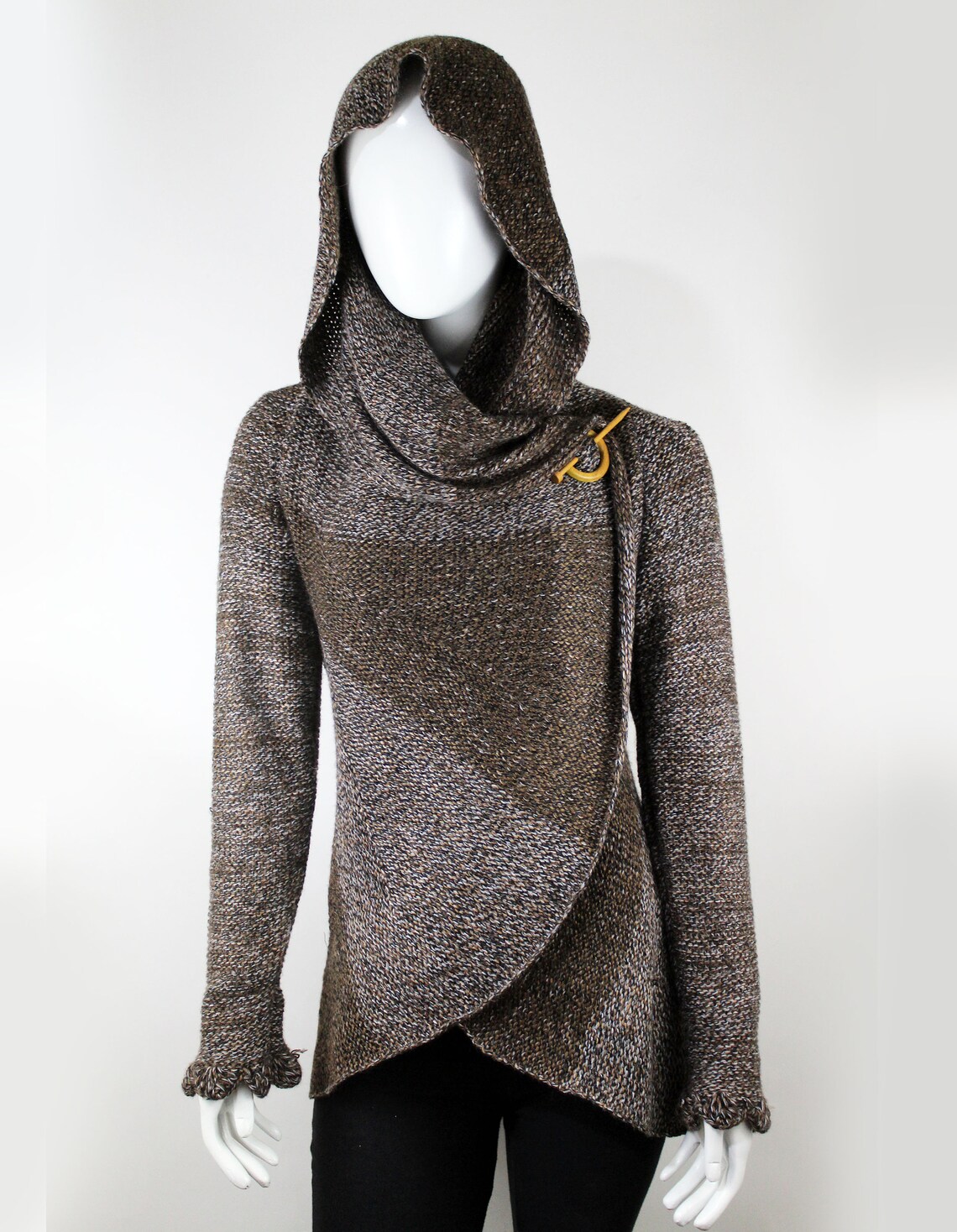 Hand Knit Alpaca Wool Cardigan: Brown Tones, Open Sweater, Wooden Brooch - Image 5