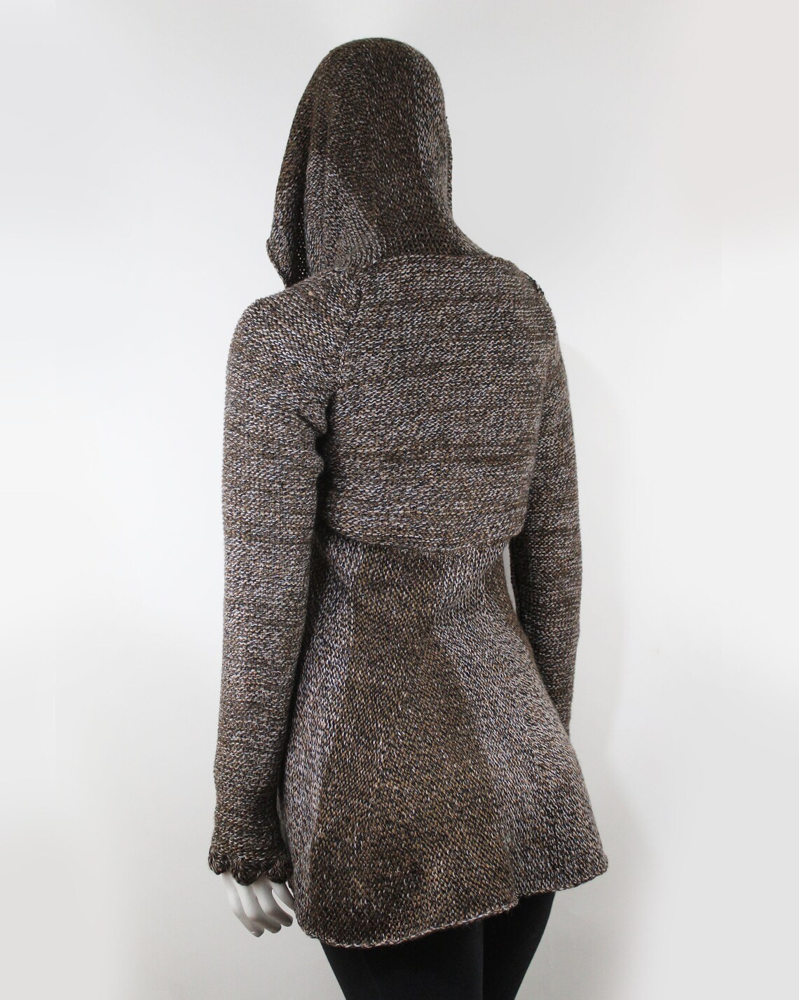 Hand Knit Alpaca Wool Cardigan: Brown Tones, Open Sweater, Wooden Brooch - Image 4