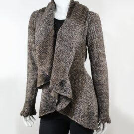 Hand Knit Alpaca Wool Cardigan: Brown Tones, Open Sweater, Wooden Brooch