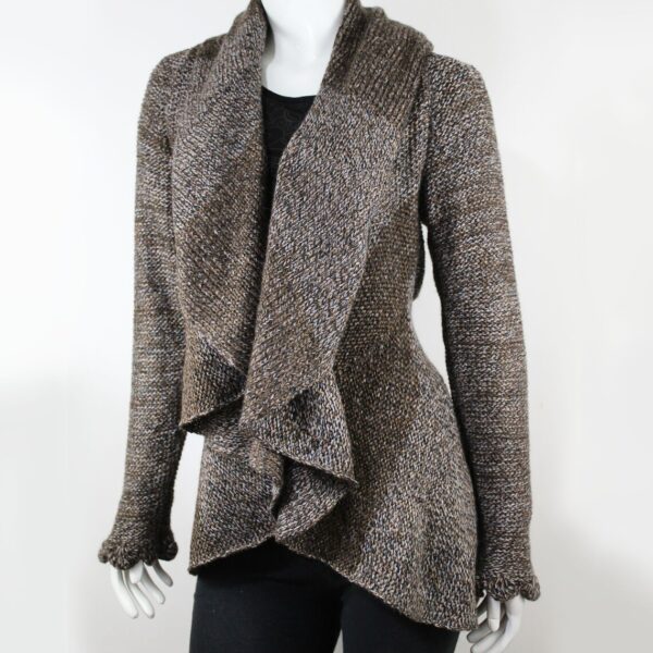 Hand Knit Alpaca Wool Cardigan: Brown Tones, Open Sweater, Wooden Brooch