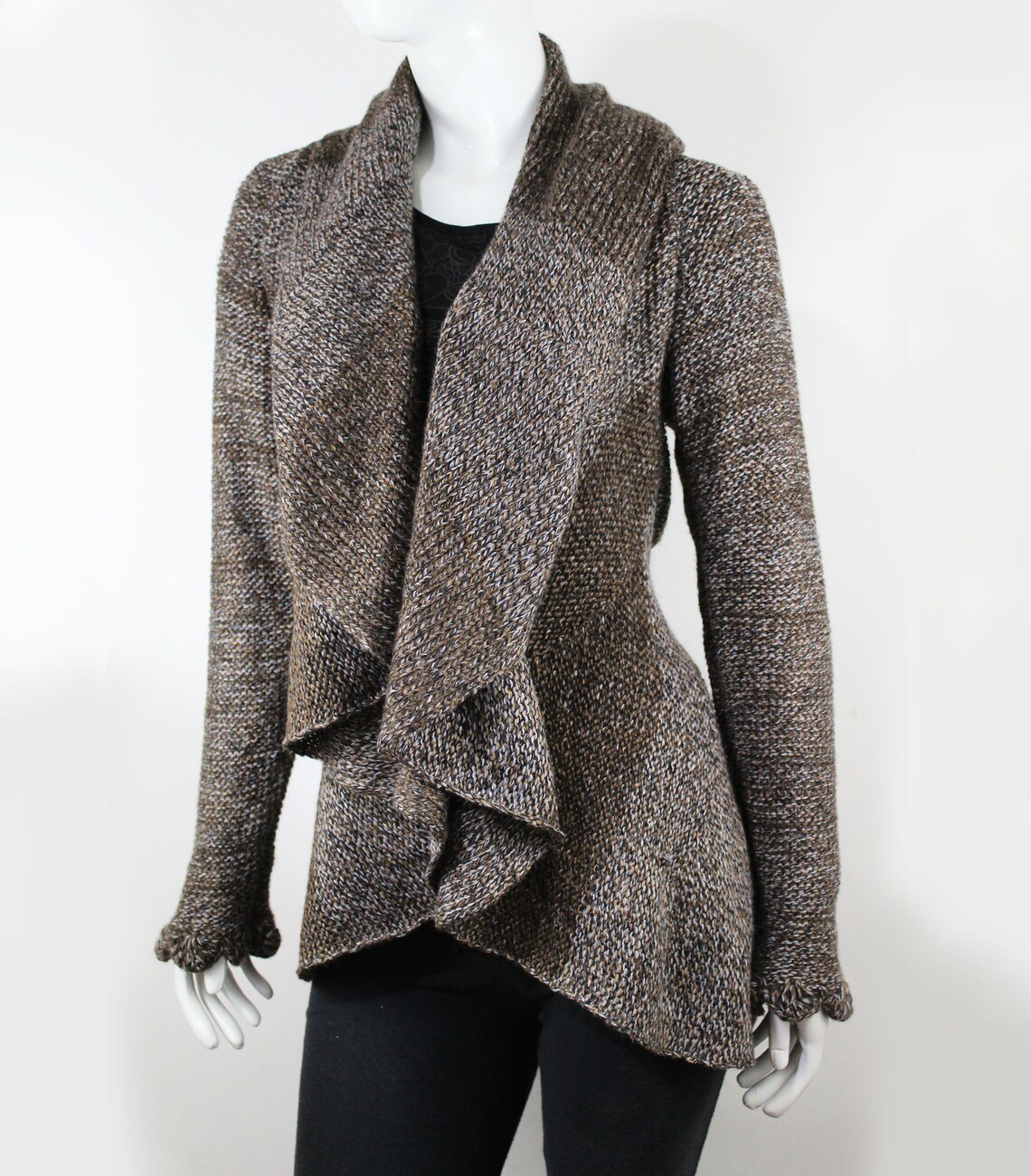 Hand Knit Alpaca Wool Cardigan: Brown Tones, Open Sweater, Wooden Brooch - Image 2