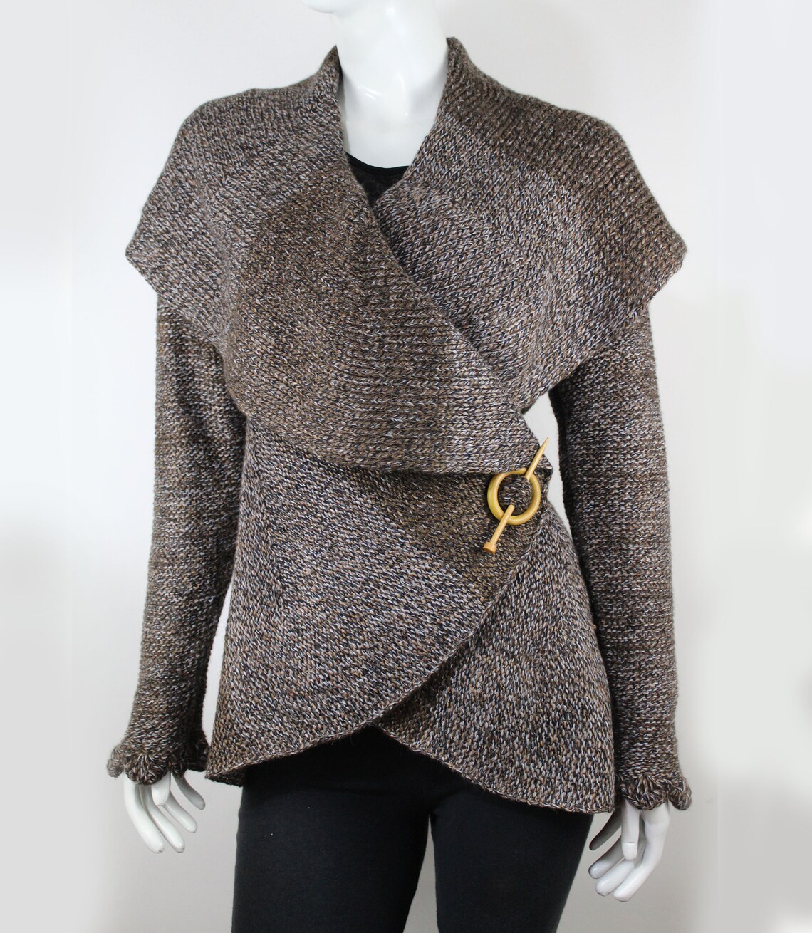 Hand Knit Alpaca Wool Cardigan: Brown Tones, Open Sweater, Wooden Brooch - Image 3