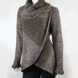 Hand Knit Alpaca Wool Cardigan: Brown Tones, Open Sweater, Wooden Brooch