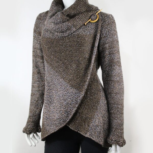 Hand Knit Alpaca Wool Cardigan: Brown Tones, Open Sweater, Wooden Brooch
