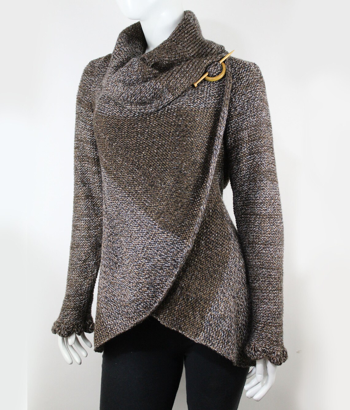 Hand Knit Alpaca Wool Cardigan: Brown Tones, Open Sweater, Wooden Brooch