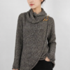 Handmade Alpaca Knit Cardigan: Brown Mix Thread, Open Sweater, Wooden Brooch
