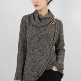 Handmade Alpaca Knit Cardigan: Brown Mix Thread, Open Sweater, Wooden Brooch