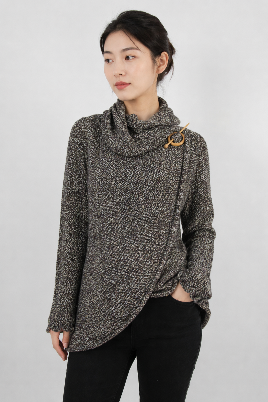 Handmade Alpaca Knit Cardigan: Brown Mix Thread, Open Sweater, Wooden Brooch