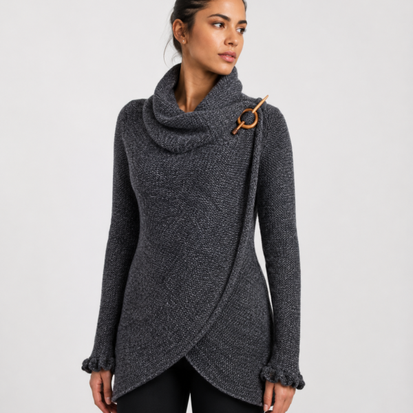 Handmade Alpaca Knit Cardigan: Dark Gray, Open Sweater, Wooden Brooch