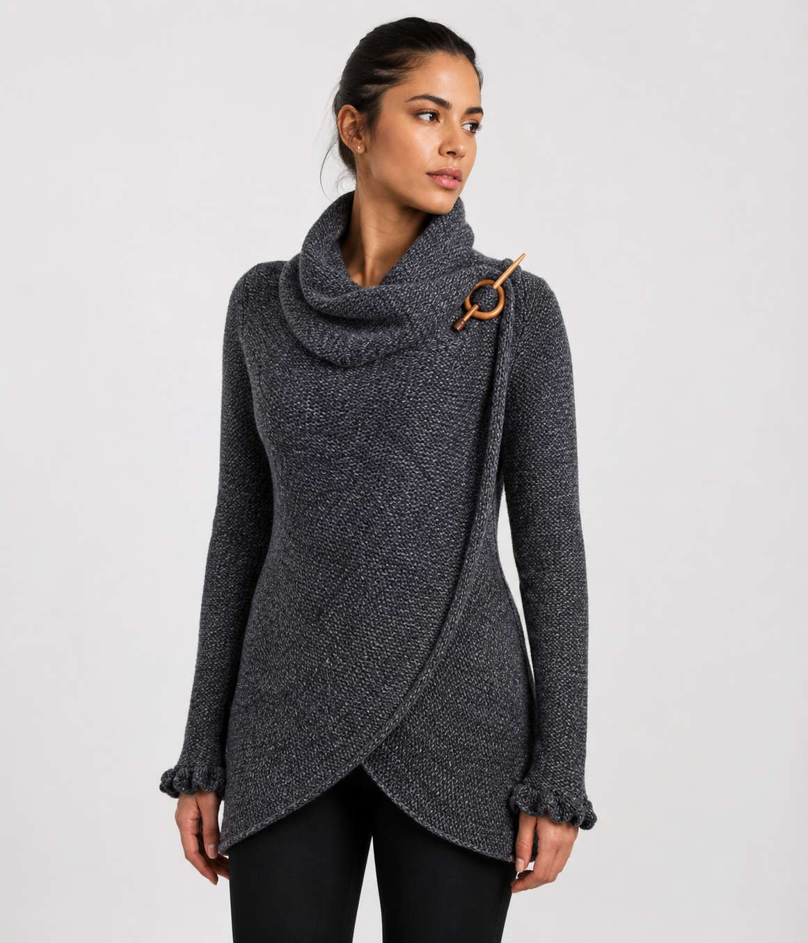 Handmade Alpaca Knit Cardigan: Dark Gray, Open Sweater, Wooden Brooch