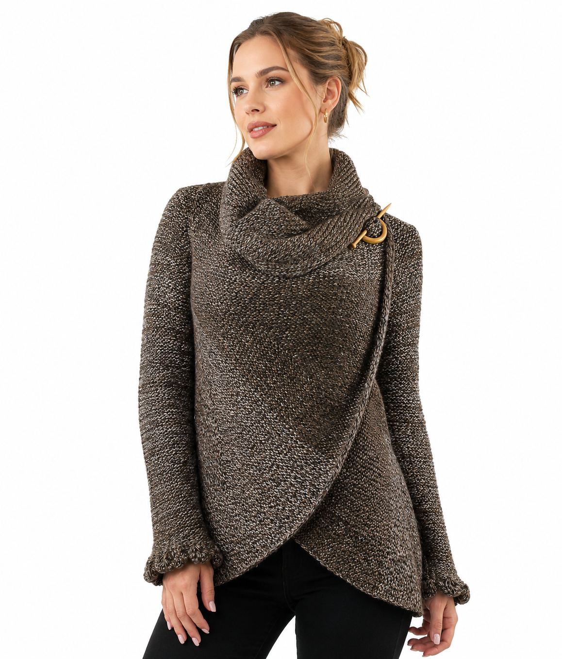 Hand Knit Alpaca Wool Cardigan: Brown Tones, Open Sweater, Wooden Brooch