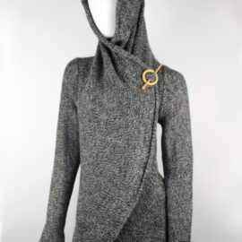 Handmade Alpaca Knit Cardigan: Brown Mix Thread, Open Sweater, Wooden Brooch