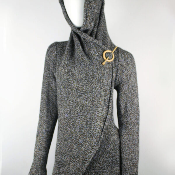 Handmade Alpaca Knit Cardigan: Brown Mix Thread, Open Sweater, Wooden Brooch