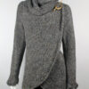 Handmade Alpaca Knit Cardigan: Brown Mix Thread, Open Sweater, Wooden Brooch