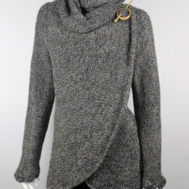 Handmade Alpaca Knit Cardigan: Brown Mix Thread, Open Sweater, Wooden Brooch
