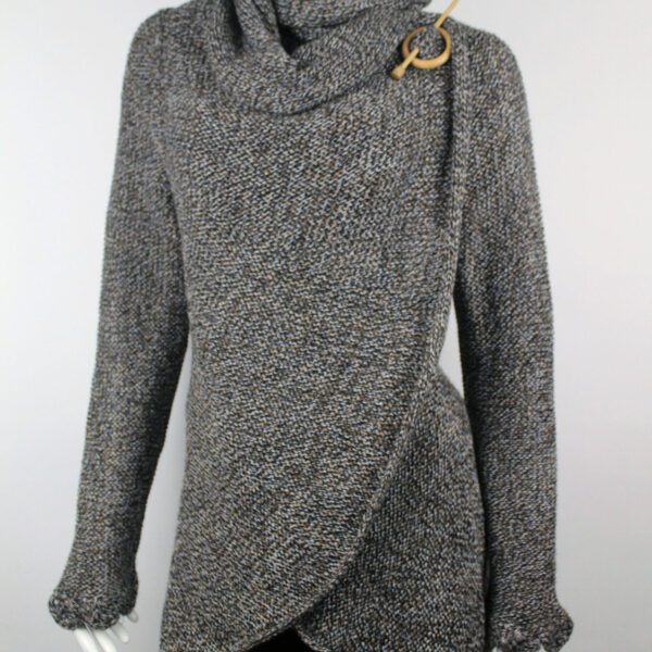 Handmade Alpaca Knit Cardigan: Brown Mix Thread, Open Sweater, Wooden Brooch