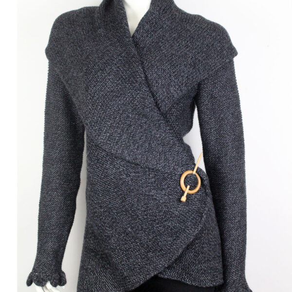 Handmade Alpaca Knit Cardigan: Dark Gray, Open Sweater, Wooden Brooch