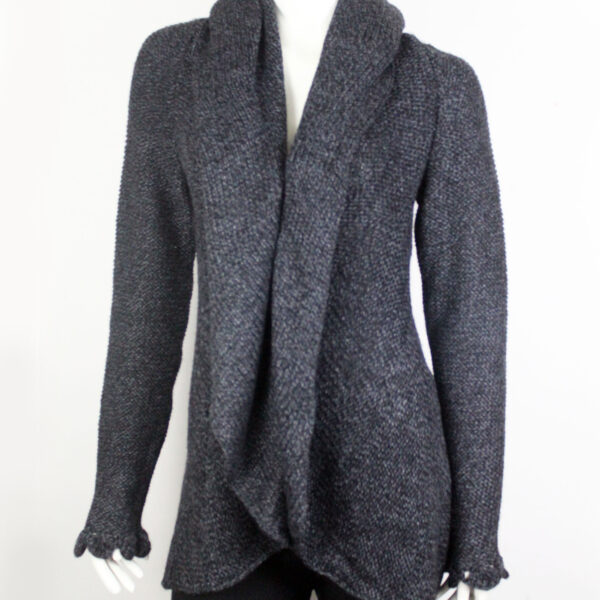 Handmade Alpaca Knit Cardigan: Dark Gray, Open Sweater, Wooden Brooch
